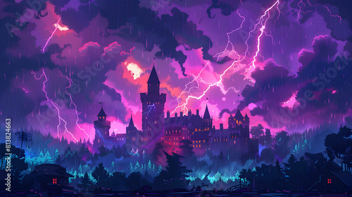 Flat Design Backdrop  Thunderstorm Over Historical Castle   Merging history with dramatic weather as a resilient castle stands against the fury. Concept flat illustration