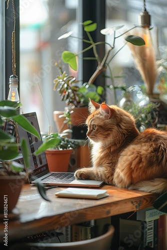 A ginger cat sits on a desk in front of an open laptop