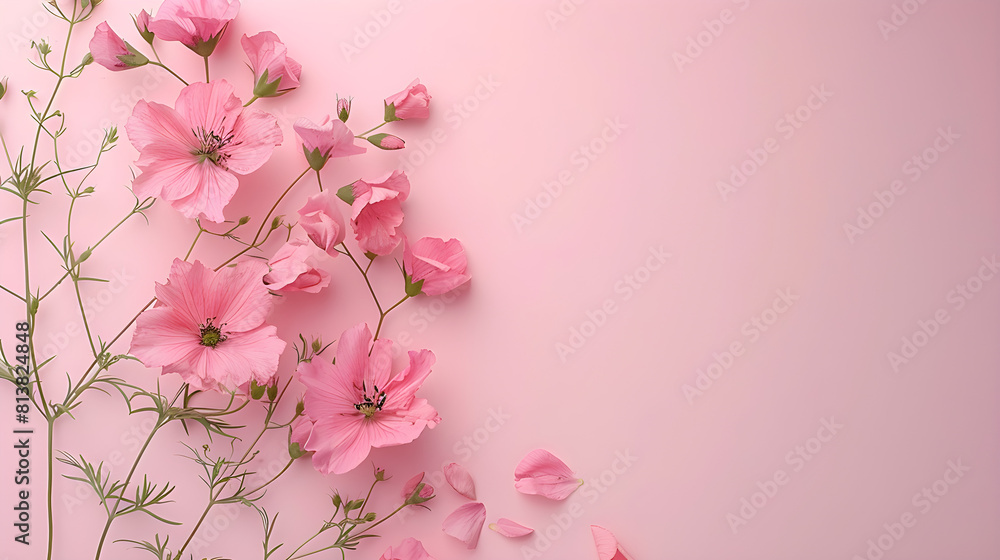 A floral banner on light pink, a versatile greeting card template for weddings, mother's day, or woman's day, flat lay style with ample copy space. A floral banner on light pink, a versatile greeting card template for weddings, mother's day, or woman's day, flat lay style with ample copy space.