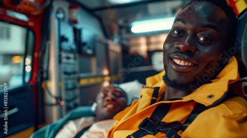 An African American paramedic smiles gently while riding in an ambulance with an injured patient. Happy EMTs.