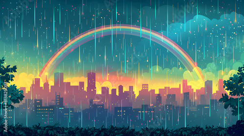 Flat design backdrop of Urban Rainstorm with Rainbow concept juxtaposing nature s calm with urban dynamism Vector illustration