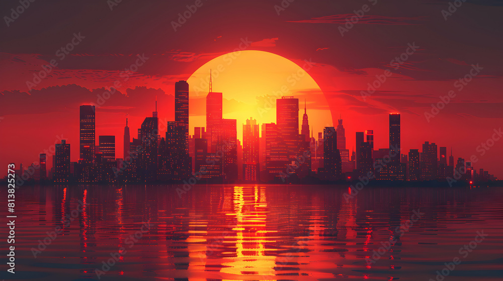 Urban Sunset Drama: Setting Sun Illuminating City Skyline with Fiery Orange Glow   Flat Design Backdrop Concept