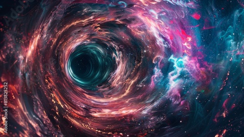 A massive black hole, emitting no light, sucks in surrounding matter through its powerful gravitational pull in the vast emptiness of space.