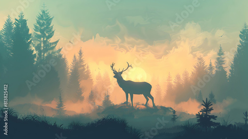 Wildlife in Morning Mist  Shadows of Elusive Animals in Flat Design Concept