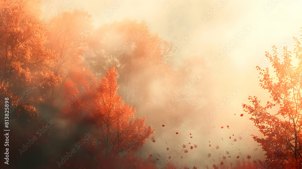 Mysterious Autumn Morning: Trees Draped in Colors Peeking Through Mist, Evoking Warmth and Intrigue   Photo Realistic Stock Concept