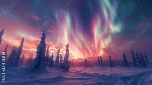 Vibrant Aurora Over Snowy Forest: Magical Colors Amidst Stark White Landscape   Photo Realistic Concept with Swirling Auroras Casting Vibrant Hues in Snowy Forestscape. photo