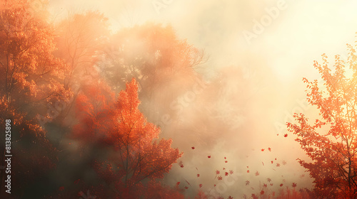 Mysterious Autumn Morning: Trees Draped in Colors Peeking Through Mist, Evoking Warmth and Intrigue   Photo Realistic Stock Concept © Gohgah