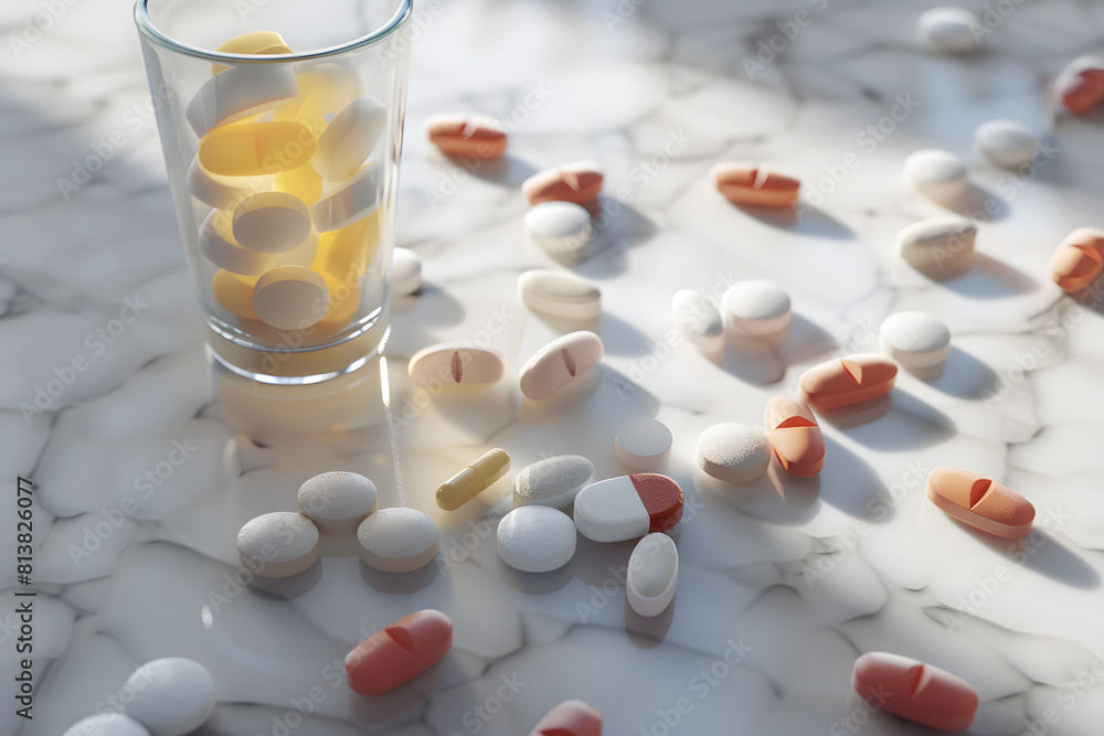 A white clean and smooth table. different colour Vitamin pills on the table A white clean and smooth table. different colour Vitamin pills on the table