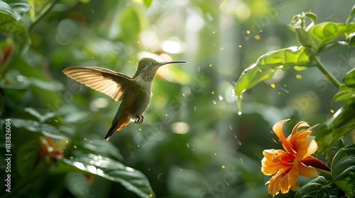 A hummingbird hovering near an exotic flower, with blurred greenery in the background.   © horizor