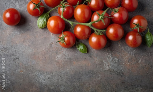 Ripe tomatoes scattered across a textured surface. Each tomato is bright red and glossy, indicating ripeness and freshness.