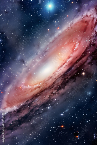 Andromeda galaxy, the nearest spiral galaxy to the Milky Way, captured in vivid detail, with clusters of bright stars and dark dust lanes photo