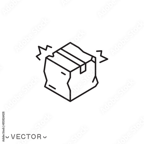broken cardboard box icon, torn carton package, concept bad transportation, crumpled or squashed paper, delivery thin line symbol isolated on white background, editable stroke eps 10 vector