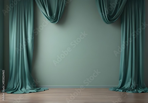 Blue green empty wall with blue drapes
