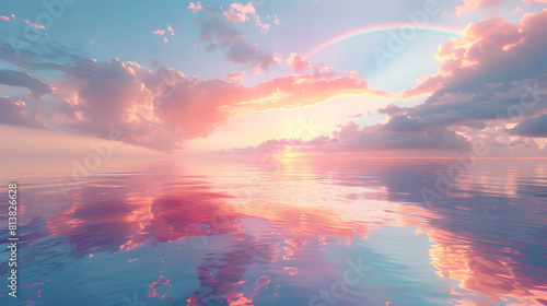 Coastal Rainbow Reflections: A serene dusk scene with a perfect rainbow reflection merging sea and sky in a photo realistic coastal concept on Adobe Stock.