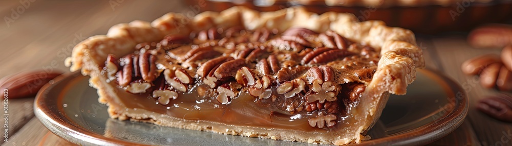 A close-up image of a delicious pecan pie with a buttery flaky crust and gooey, caramel filling. A close-up image of a delicious pecan pie with a buttery flaky crust and gooey, caramel filling.