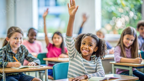 Happy Student Raising Hand to Answer Question in Class	
