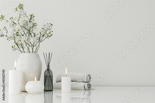 Wallpaper Mural A sunlit bathroom counter displays an array of white bath essentials Torontodigital.ca