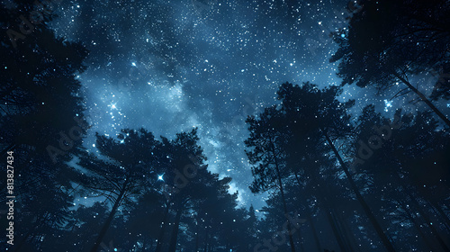Enchanting Forest Canopy Silhouetted Against Starry Sky   Photo Realistic Concept of Magical Woodland Night Scene