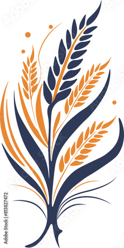 Cereal Blue and yellow spike of wheat, barley or rice , millet stalk icon. Bread bakery spikelet for grain food and agriculture, wheat ear or barley spike, organic crop harvest