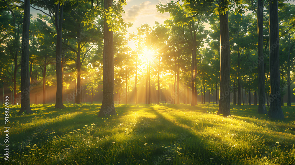 Sunset at Forest s Edge: Illuminating Treetops and Shadows at Clearing Photo Realistic Concept Sunset at Forest s Edge: Illuminating Treetops and Shadows at Clearing Photo Realistic Concept