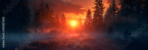 Enchanting Forest Sunsets: The Beauty of Dusk A stunning photo realistic concept capturing the sun setting at the edge of a vast forest, illuminating treetops and casting long sh