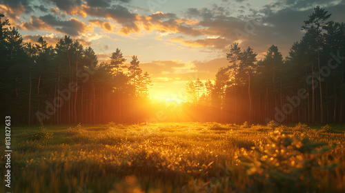 Enchanting Forest Edge Sunset: Sun kissed Treetops and Long Shadows in Photo Realistic Concept