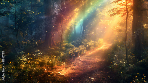 Enchanting Forest Trail: A rainbow guiding adventurers through vibrant woodland scenery photo