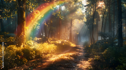 Photo realistic forest trail with rainbow guide leading adventurers through vivid woodland scenery