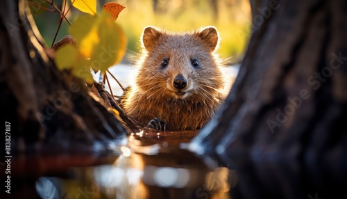 A small quokka cautiously peeking out of a hole in a tree trunk in its natural habitat photo