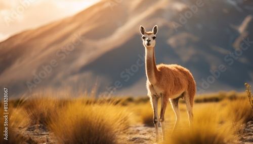 A Vicuna llama stands in a field with majestic mountains in the background, under the clear sky