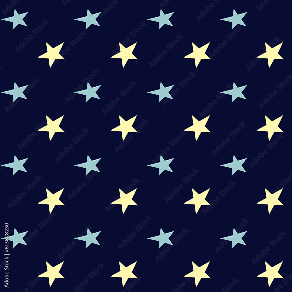 The stars are yellow and gray on a blue background. Seamless pattern. Star background. Textile. Space elements. The stars are yellow and gray on a blue background. Seamless pattern. Star background. Textile. Space elements.