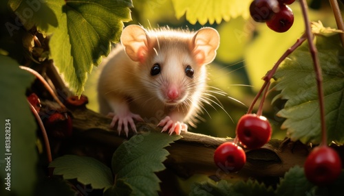 Edible Dormouse perched on a branch, surrounded by ripe berries photo