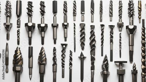 An assortment of small, sharp metal tools, likely drill bits, arranged in rows on a white surface.