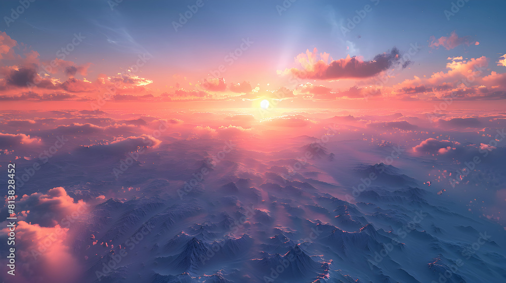 High Altitude Sunset View: A picturesque photo realistic depiction of a sunset captured from the skies above, showcasing stunning landscapes below.