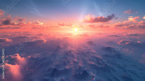 High Altitude Sunset View: A picturesque photo realistic depiction of a sunset captured from the skies above, showcasing stunning landscapes below. photo