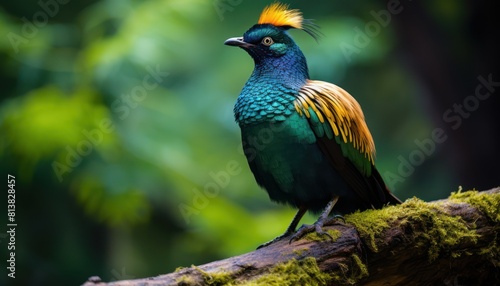 A vibrant Himalayan Monal bird perched on a tree branch in its natural habitat