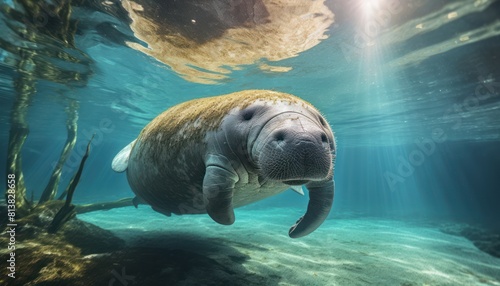 A manatee gracefully swims through the water in its natural habitat photo