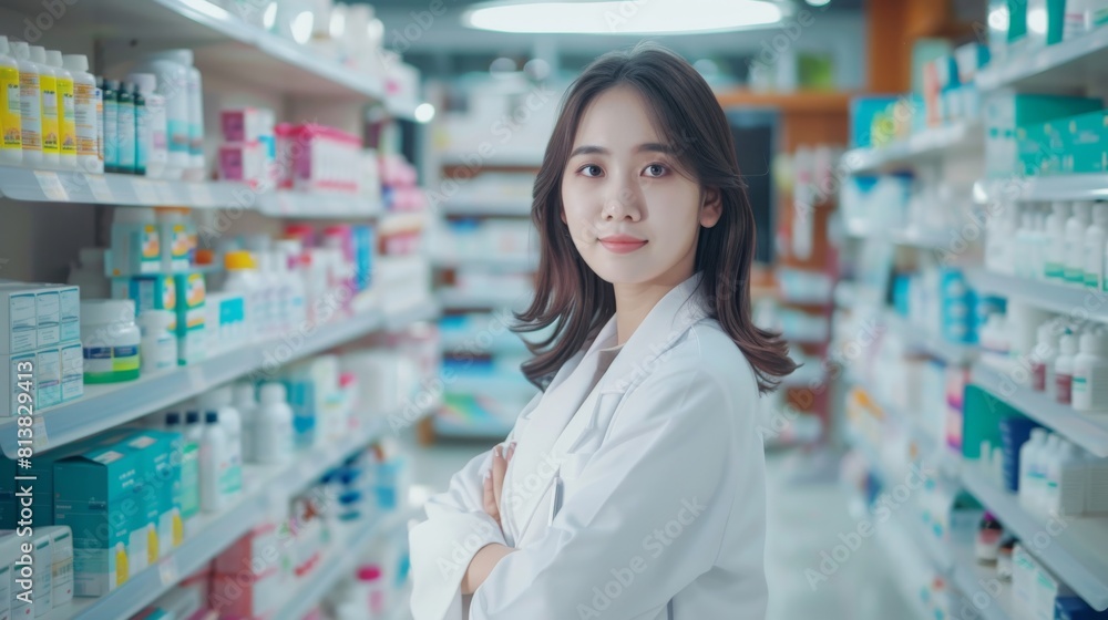 Drugstore: Beautiful Asian Pharmacist Wearing White Coat, Standing with Crossed Arms as she Smiling Charmingly. Shelves of Medicine and Health Products.