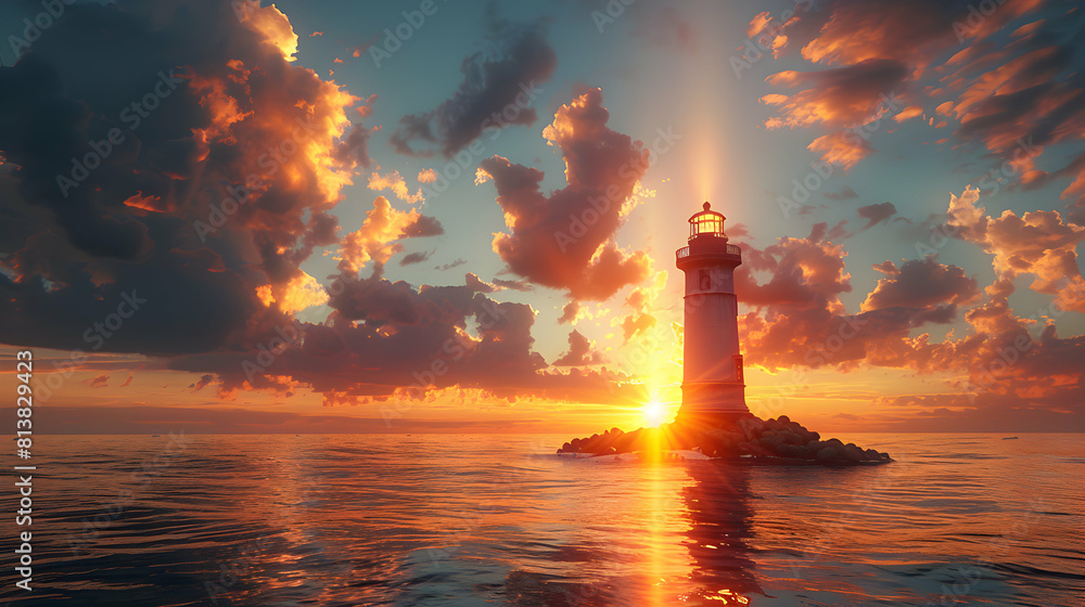 Lighthouse Sunset Watch: A Historic Beacon Guiding Sailors Home in the Radiant Sunset Glow