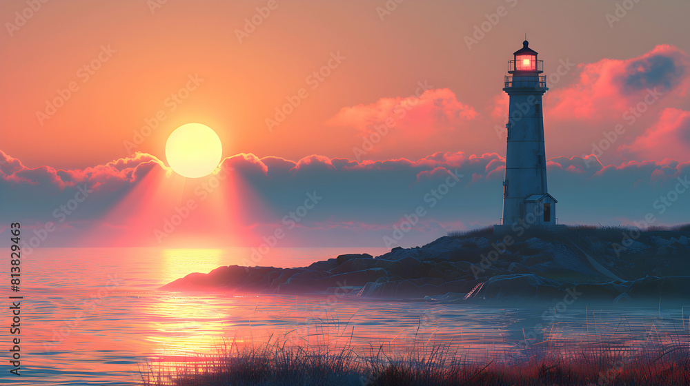 Photo realistic of a Historic Lighthouse at Sunset, Guiding Sailors Home with Beams of Light Photo Stock Concept Photo realistic of a Historic Lighthouse at Sunset, Guiding Sailors Home with Beams of Light Photo Stock Concept
