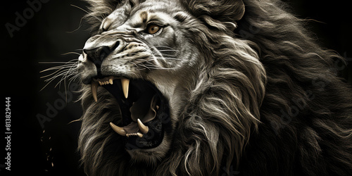 Fierce Roaring Male Lion Portrait in Black and White - Powerful Wildlife King Beast  Intense Feline Predator with Mighty Roar  Ferocious Carnivore Majesty
