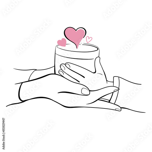 hands of a mother and child's daughter hold a cup with a heart. Mother's Day, love, family. Vector illustration. Mother Daughter Hands
