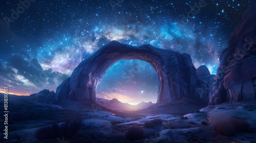Stunning Photo realistic Milky Way Arch Over Canyon: The Milky Way forms a celestial arch over a deep canyon, illuminating the night sky with a captivating display