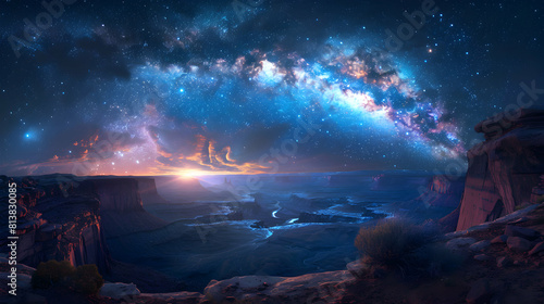 Stunning Photo Realistic Milky Way Arch Over Canyon Capturing Celestial Beauty in Night Sky Stock Photo Concept