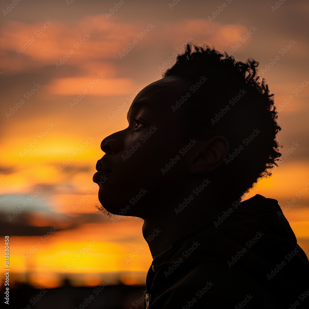 Silhouetted young African man contemplating at sunset, tranquil profile portrait Silhouetted young African man contemplating at sunset, tranquil profile portrait