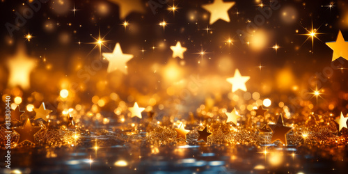 Sparkling Christmas Stars on Festive Gold Background: Ideal for Holiday Greetings and Seasonal Celebrations