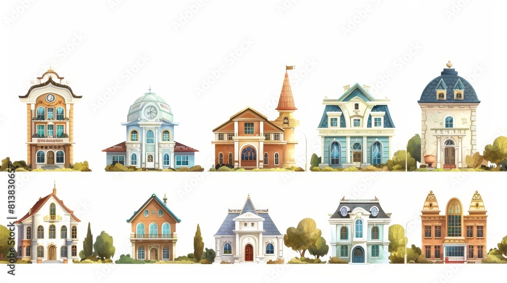 An urban retro colonial style building modern illustration showing old residential and government buildings, Victorian houses isolated on a white background. An urban retro colonial style building modern illustration showing old residential and government buildings, Victorian houses isolated on a white background.