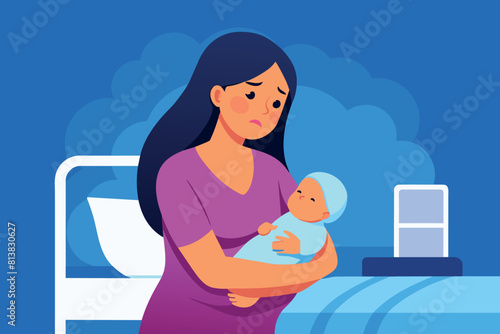 A tired mom holds her newborn baby in her arms in a room on the maternity ward