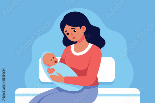 A tired mom holds her newborn baby in her arms in a room on the maternity ward