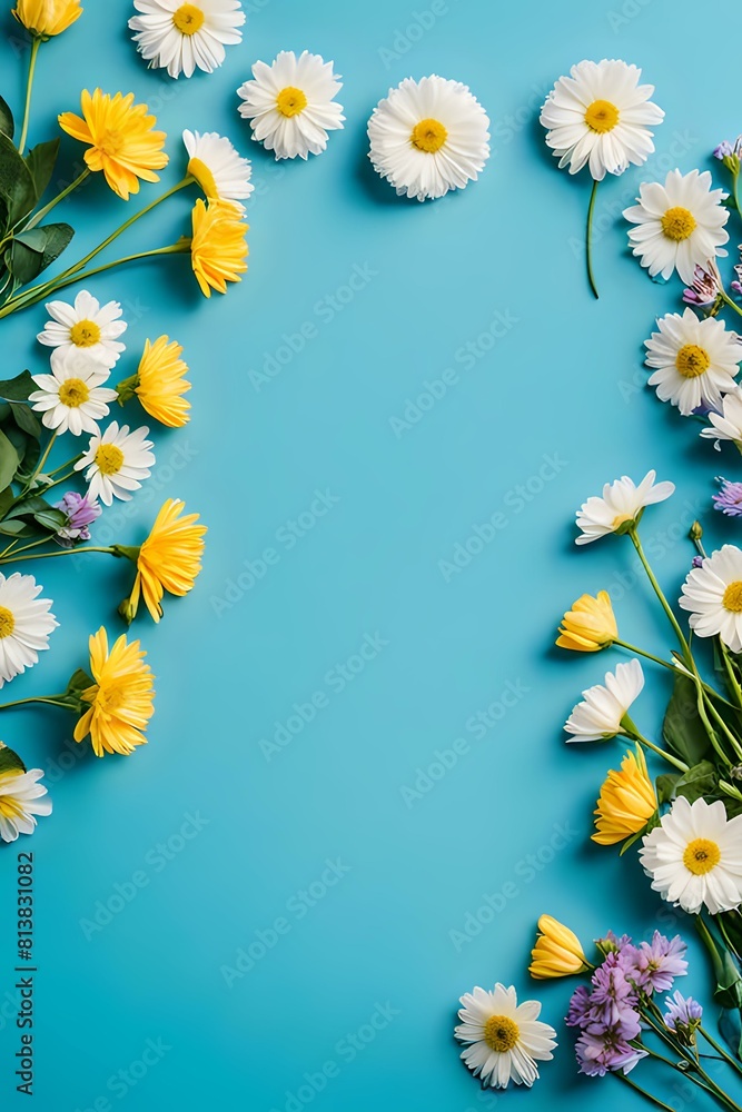 Fototapeta premium Pink Flowers on Blue Background